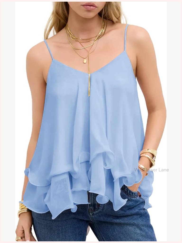 Flowy Ruffle Babydoll Tank Top Sleeveless Chiffon Blouse Summer Camisole